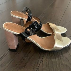 Masiero block heel gold black patent leather